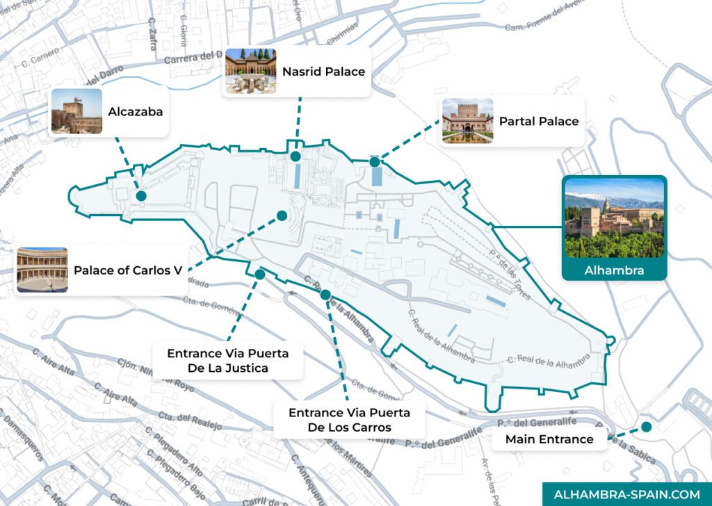 Alhambra map featuring Nasrid Palace, Alcazaba, Partal Palace, and Palace of Carlos V. Entrance Via Puerta De Los Carros.